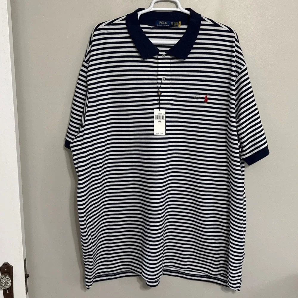 NEW Polo Ralph Lauren Mens 5XB White Navy Striped Short Sleeve Polo Shirt
